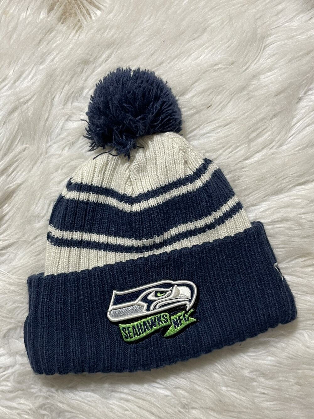 Seattle Seahawks NFL New Era Pom Beanie Cap Hat Fleece Lined Blue White